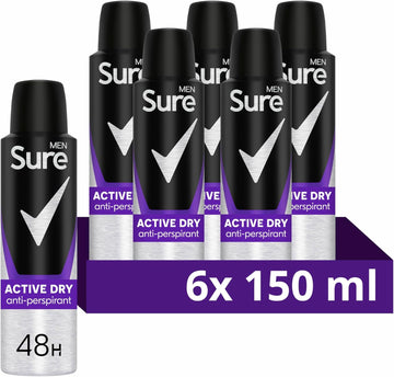 Sure Men Active Dry Anti-Perspirant Deodorant Aerosol 48H Protection Anti-Perspirant Deodorant Spray For Effective Sweat And Odour Protection 6X 150 Ml