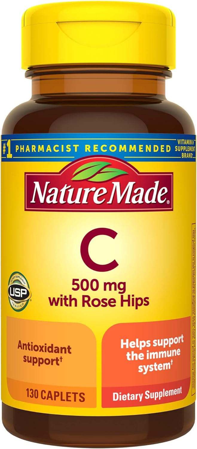 Nature Made Vitamin C 500 mg with Rose Hips, Dietary Supplement for Immune Support, 130 Caplets, 130 Day Supply
