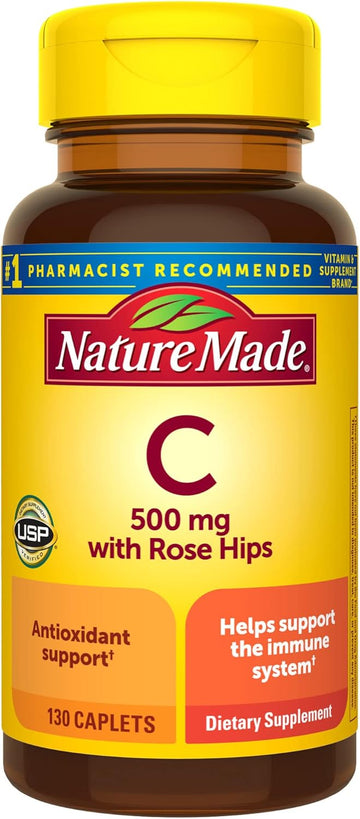 Nature Made Vitamin C 500 Mg With Rose Hips, Dietary Supplement For Immune Support, 130 Caplets, 130 Day Supply