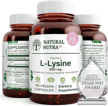 Natural Nutra L Lysine HCl, Promotes Bone health and Growth, Helps Built Collagen, Improve Calcium Absorption, Non-GMO, Vegan, 500 mg, 50 Capsules