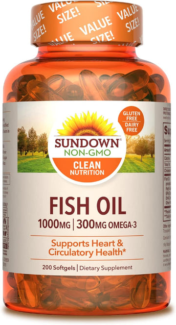 Sundown Fish Oil 1000 mg, Omega 3 Dietary Supplement, Supports Heart Health, 200 Softgels