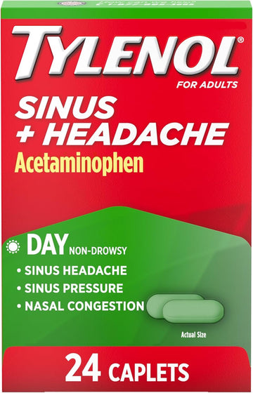 Tylenol Sinus + Headache Daytime Non-Drowsy Relief Caplets, Acetaminophen 325Mg, Nasal Decongestant For Sinus Pressure, Headache & Nasal Congestion Relief, 24 Ct