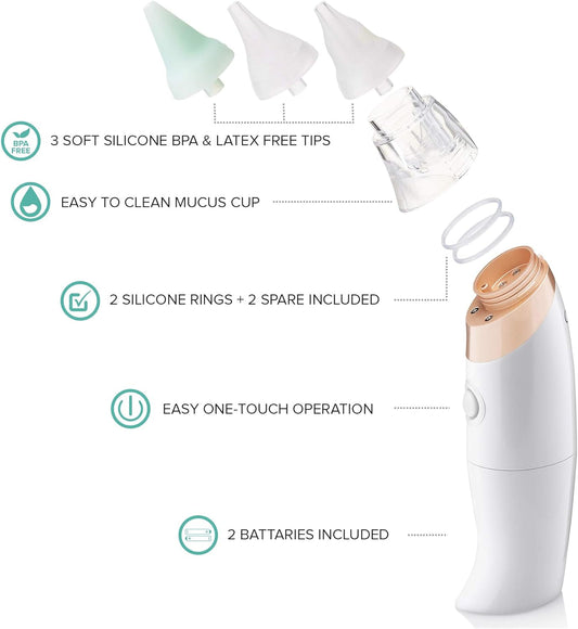 Baby Nasal Aspirator-Provides Safe Nose Suction and Gently Clears Infant's Mucus. Battery Operated with 3 Sizes of Silicone Tips