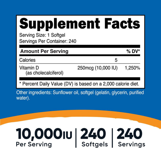 Nutricost Vitamin D3 10,000 Iu, 240 Softgel Capsules - Potent, Non-Gmo, Gluten Free Vitamin D