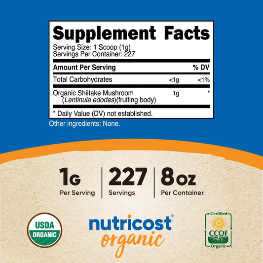 Nutricost Organic Shiitake Mushroom Powder 8oz - 100% Organic Certified, Gluten Free, Non-GMO