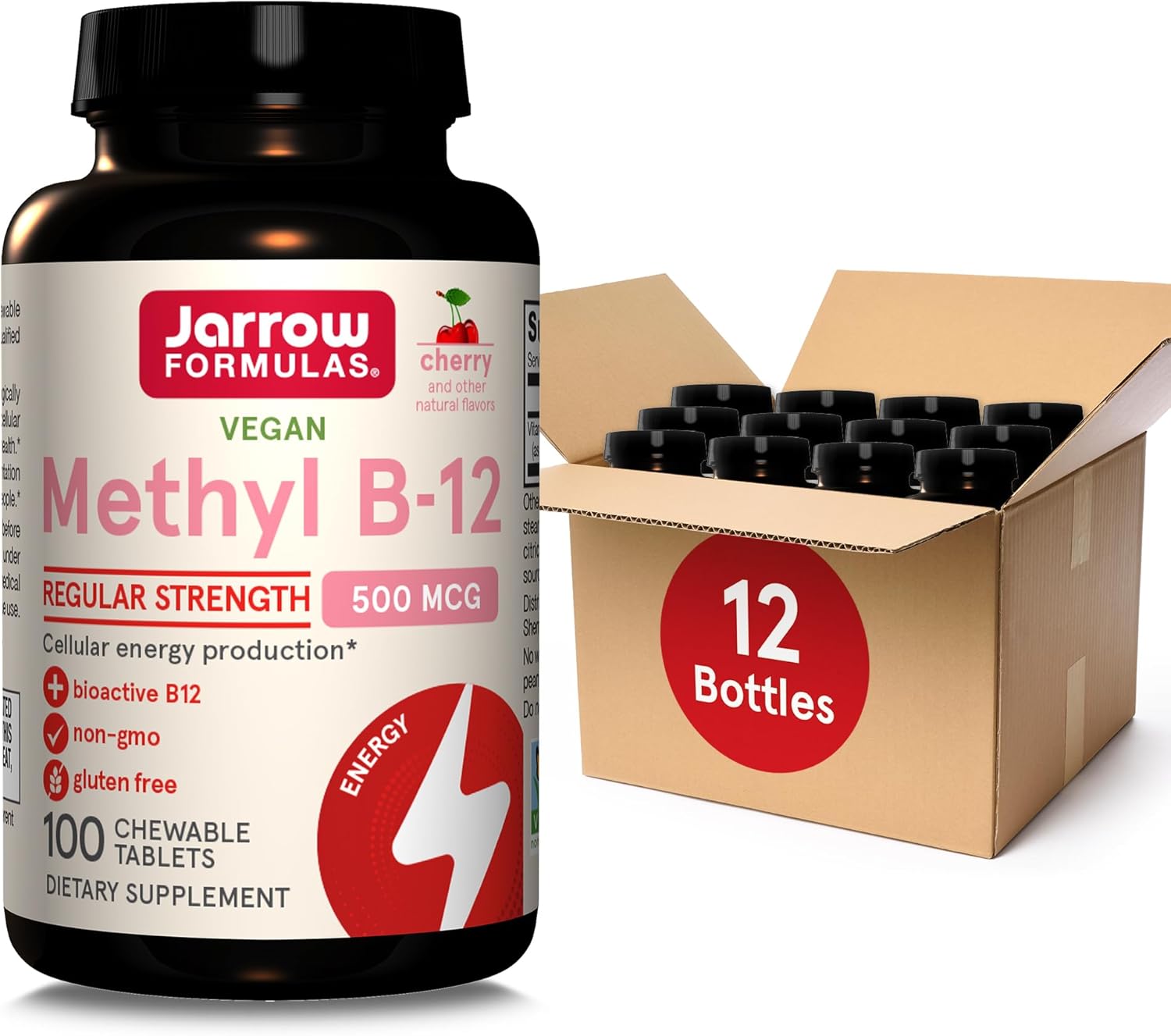 Jarrow Formulas Regular Strength Methyl B-12 500Mcg, Dietary Supplement For Cellular Energy Production And Brain Health Support, 100 Cherry-Flavored Chewable Tablets, 100 Day Supply, Pack Of 12
