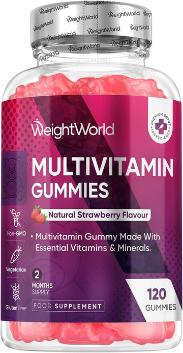 Multivitamin Gummies For Women & Men - 13 Ingredients - 120 Gummies - 2 Months Supply - Natural Strawberry Flavour - Vitamins & Minerals Like Vit C, D3, B6, B7, B12 & Zinc - Vitamin Gummies For Adults