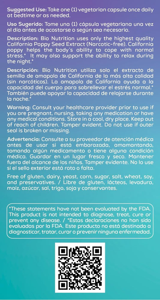 Bio Nutrition California Poppy Herbal Supplement 60 Vegetarian Capsules | Natural Relaxation & Stress Relief | Supports Calm Sleep & Mood