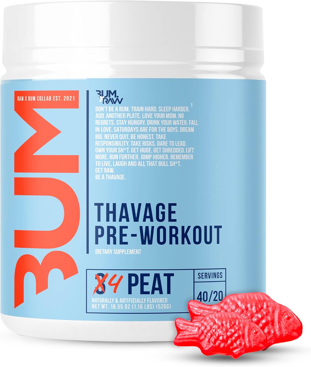 Raw Preworkout Powder, Thavage (4 Peat) - Chris Bumstead Sports Nutrition Supplement For Men & Women - Cbum Pre Workout For Working Out, Hydration, Mental Focus & Energy - 40 Servings