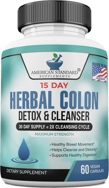 American Standard Supplements Colon Cleanse - 60 Veggie Capsules, 30 Servings – Herbal Blend With Psyllium Husk, Senna Leaves, Aloe Vera, Ginger, Cascara Sagrada & More