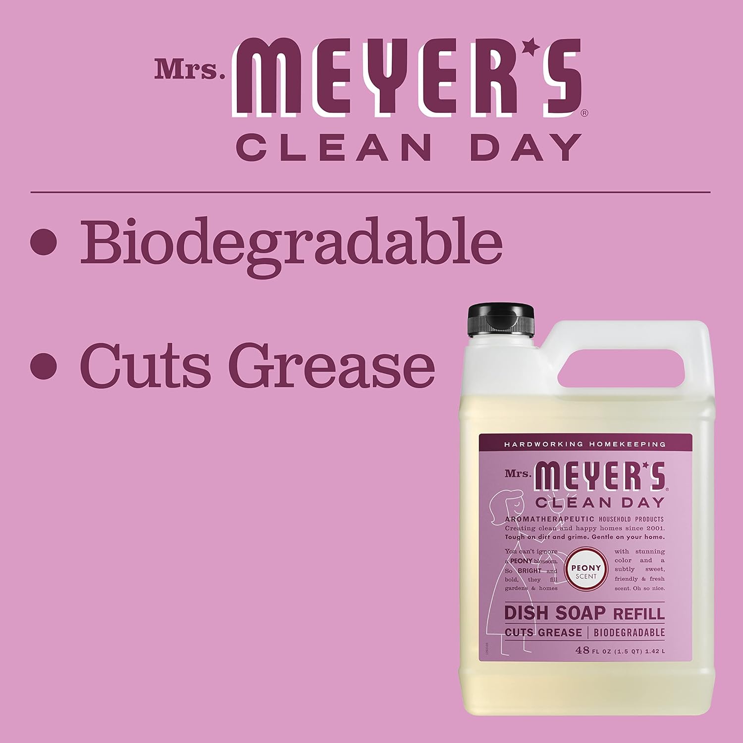 Mrs. Meyer'S Clean Day Liquid Dish Soap Refill, Biodegradable Formula, Peony, 48 Fl. Oz