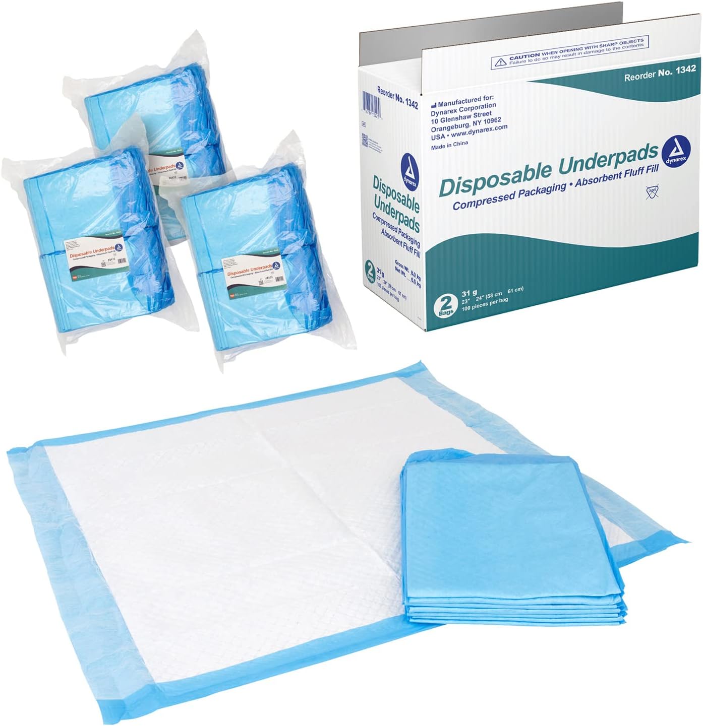 Dynarex Disposable Underpads, Medical-Grade Incontinence Bed Pads To Protect Sheets, Mattresses, And Furniture, 23”X24” (31G), 1 Case Of 200 Disposable Underpads (2 Boxes Of 100)