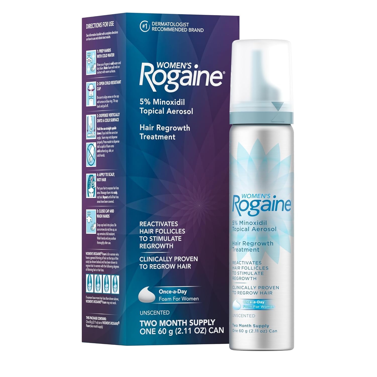 Rogaine 5% Minoxidil Foam, Topical Once-A-Day Hair Loss Treatment For Women To Regrow Fuller, Thicker Hair, Unscented, 2-Month Supply, 2.11 Oz