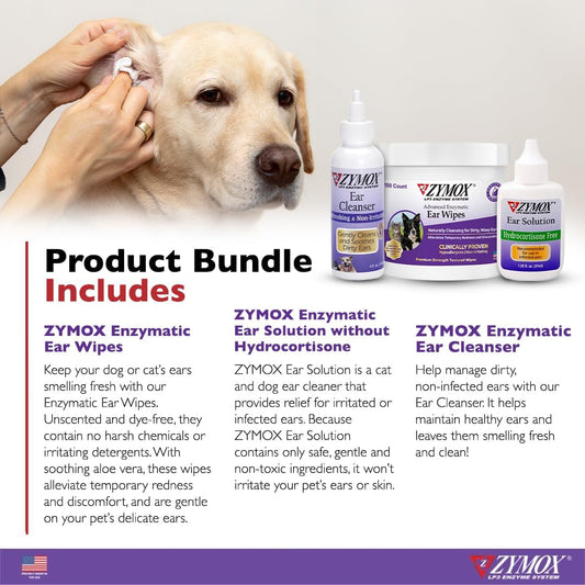 Zymox Enzymatic Ear Wipes, Ear Cleanser, & Ear Solution Without Hydrocortisone For Dogs And Cats - Product Bundle - For Dirty, Waxy, Smelly Ears And To Soothe Ear Infections