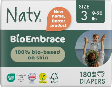Naty Bioembrace Baby Diapers Size 3 (9–20 Lbs) | 100% Biobased On Skin | Plant-Based Softness | Dermatologically Tested, Super Absorbent | 180 Count