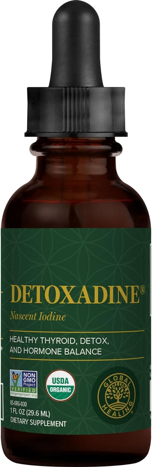 Global Healing Detoxadine - Organic Nascent Iodine Liquid Supplement Drops for Thyroid Support, Detox Cleanse, Metabolism Health and Better Sleep - Non-GMO, Vegan, 200 Servings (6-Month Supply) - 30mL