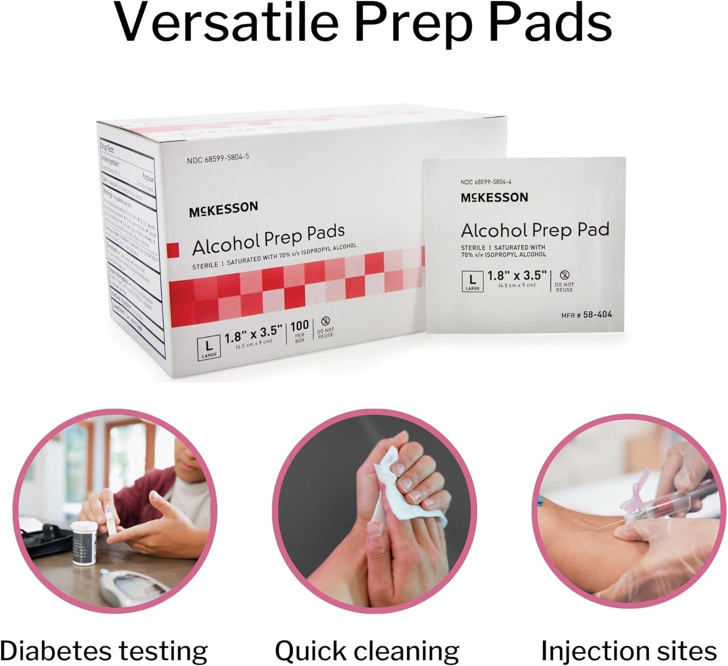 Alcohol Prep Pad, McKesson, Isopropyl Alcohol 70%, Individual Packet, Large, 3.5 X 1.7 Inch, Sterile, 100 Ct. Box, Case of 10 Boxes = 1000 Pads