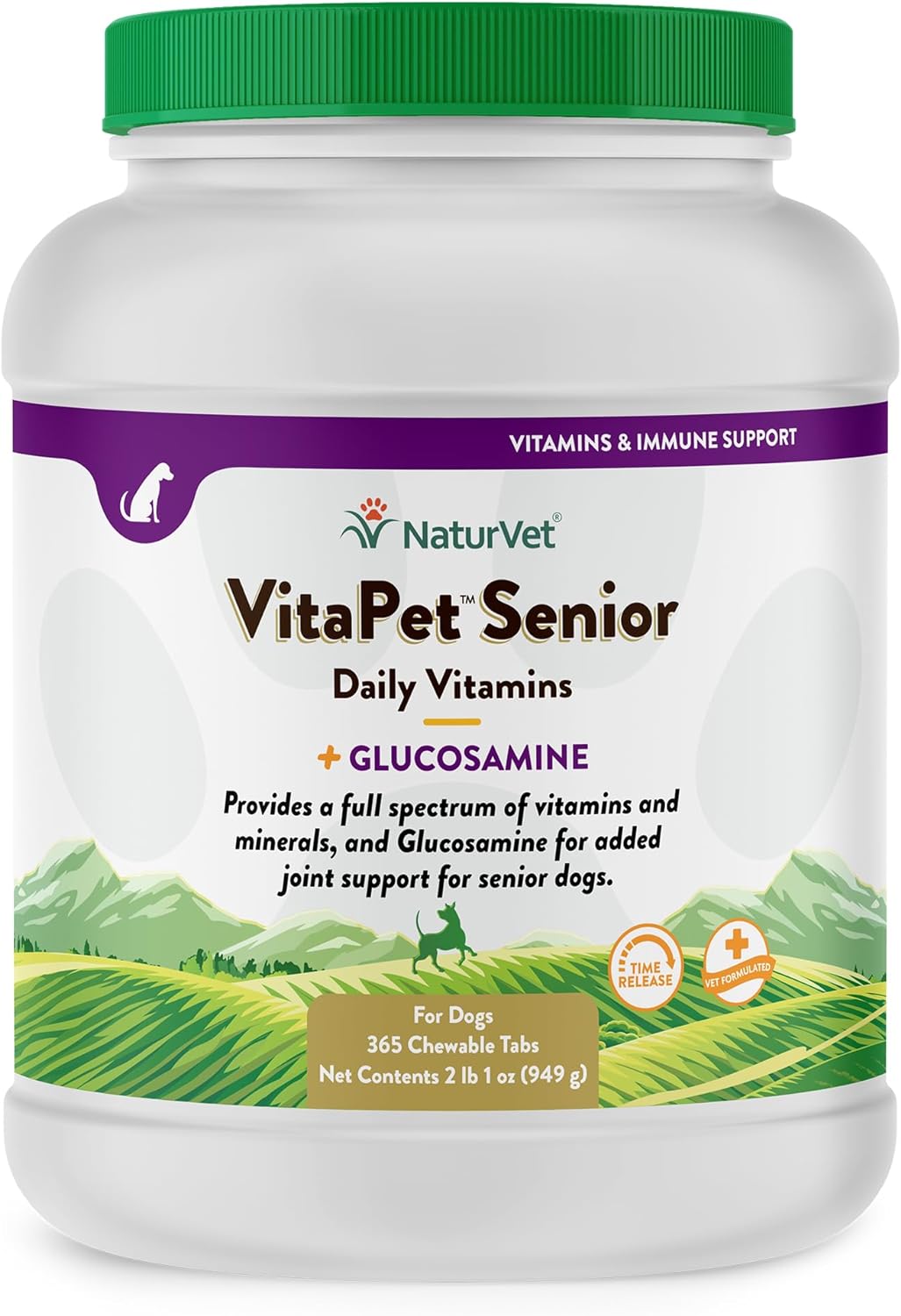 NaturVet –VitaPet Senior Daily Vitamins for Senior Dogs – Plus Glucosamine – Full Spectrum of Vitamins & Minerals – Enhanced with Glucosamine for Added Joint Support – 365 Time Release Tablets