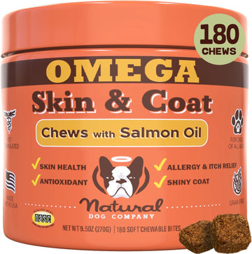 Natural Dog Company Skin & Coat Chews, Salmon & Peas Flavor, Dog Vitamins And Supplements For Healthy Skin & Coat, Itch Relief For Dogs With Allergies, With Biotin, Vitamin E, Omega 3, 180 Count