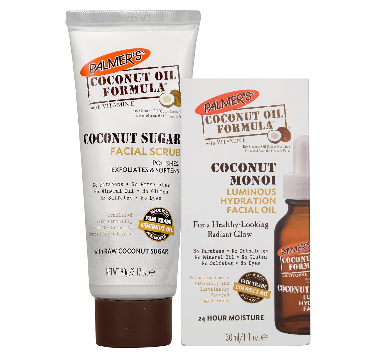 Palmer's Face Oil + Face Scrub, Coconut Oil Formula with Vitamin E Skin Care Bundle, Made with Fair Trade Coconut Oil & Monoi, Includes 1 Facial Oil (1 fl oz) and 1 Face Exfoliator (3.17 oz)