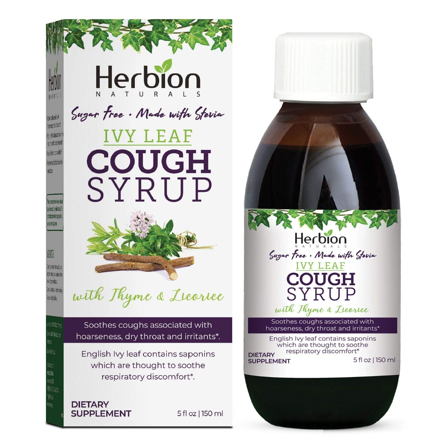 Herbion Naturals Ivy Leaf Cough Syrup With Thyme And Licorice, 5 Fl Oz, Soothes Throat And Relieves Respiratory Discomfort, For Adults, Kids 13 Months And Above, Alcohol Free, Sugar Free With Stevia