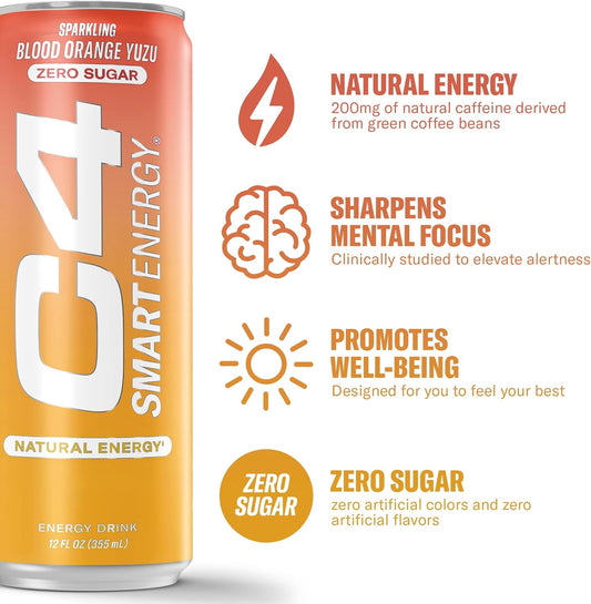 C4 Smart Energy Drink – Boost Focus And Energy With Zero Sugar, Natural Energy, And Nootropics - 200Mg Caffeine - Blood Orange Yuzu (12Oz Pack Of 12)