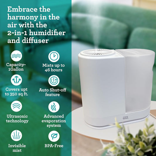 Gurunanda Aeromist - 2-In-1 Humidifier And Diffuser With Ultrasonic Technology, 46 Hours Cool Mist, 350 Sq Ft Coverage & Auto Shut-Off - Bpa-Free Aromatherapy Diffuser For Yoga, Living Rooms & Spas