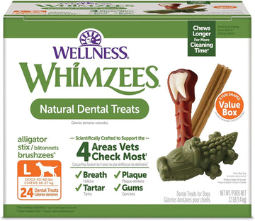 Whimzees By Wellness Long Lasting Dog Chews Value Box: All Natural Grain Free Treats To Help Clean Teeth & Reduce Plaque & Tartar - For Dogs 40-60 Lbs - 24 Count