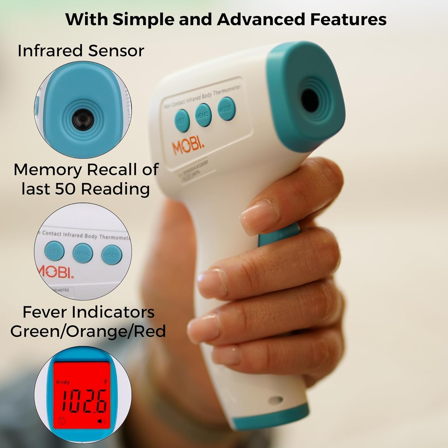 MOBI - Baby Non-Contact Forehead Digital Thermometer with Object Temperature Mode - Touchless with High Fever Indicator - No Touch Thermometer for Baby, Kids, & Adults - Intrusive Free Readings : Baby