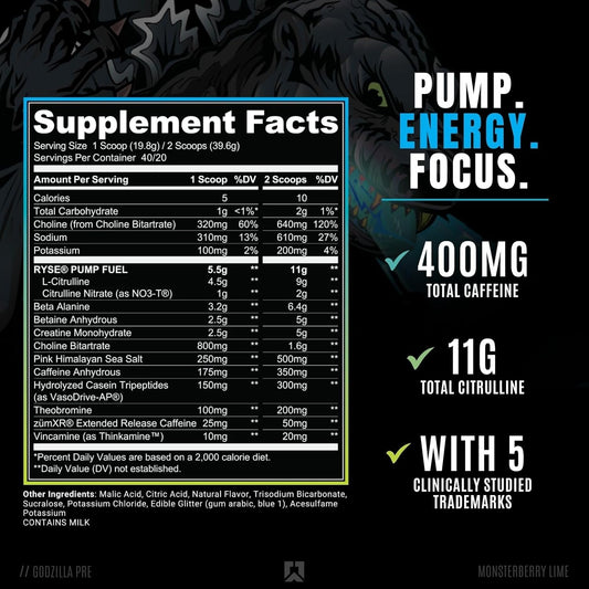 RYSE Up Supplements Noel Deyzel x Godzilla Pre Workout | Intense Pumps, Energy, & Focus | Citrulline & Beta Alanine | 400mg Total Caffeine | 40 Servings (Monsterberry Lime)