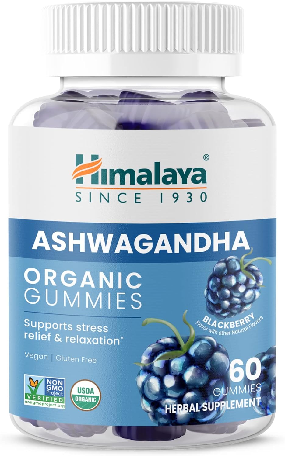 Himalaya Ashwagandha Organic Gummies, Ksm-66 Organic Ashwagandha To Help With Stress Relief, Energy And Relaxation, 60 Gummies With Delicious Blackberry Flavor