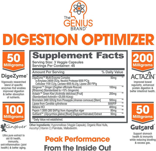 Genius Digestive Enzymes For Digestive Support, Gut Health & Total Wellness - Natural Relief Formula For Gas, Heartburn, & Constipation With Bromelain, Ginger & Prebiotics - 135 Vegetarian Capsules