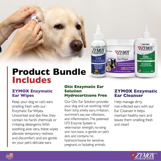 Pet King Brands Zymox Enzymatic Ear Wipes And Otic Ear Solution For Dogs And Cats - Product Bundle - For Dirty, Waxy, Smelly Ears And To Soothe Ear Infections, 100 Ct, 4 Oz And 8 Oz
