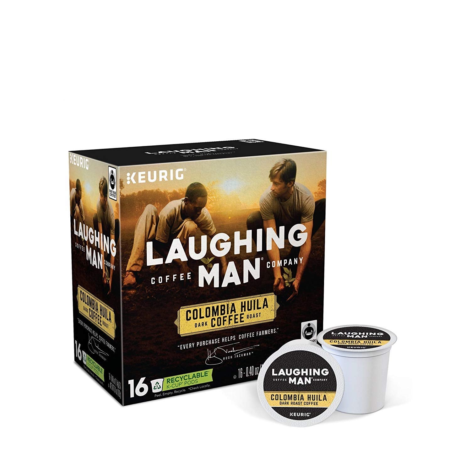 Laughing Man Colombia Huila Coffee Single-Serve K-Cups for Keurig Brewers, 16 Count