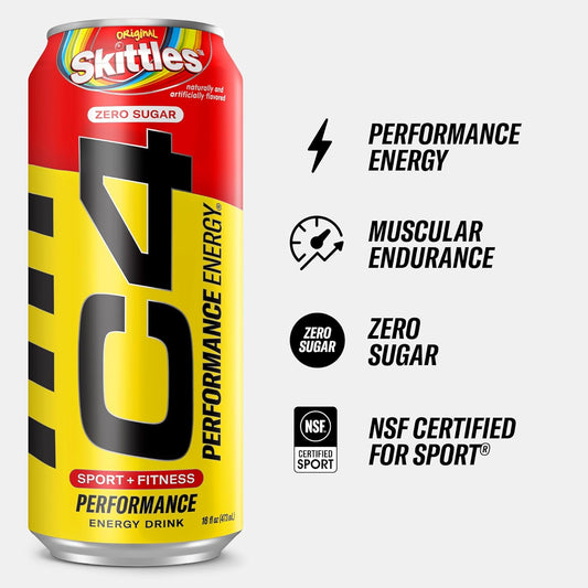 C4 Performance Energy Drink | Skittles™ | Zero Sugar Carbonated Preworkout Energy | 200Mg Caffeine With Beta Alanine | 16 Fl Oz (12 Pack)