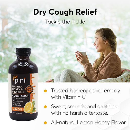 P.R.I Natural Dry Cough Syrup With Manuka Honey, Propolis, Tea Tree Oil And Vitamin C - Sore Throat & Immune Support, Lemon Flavor, 8Oz