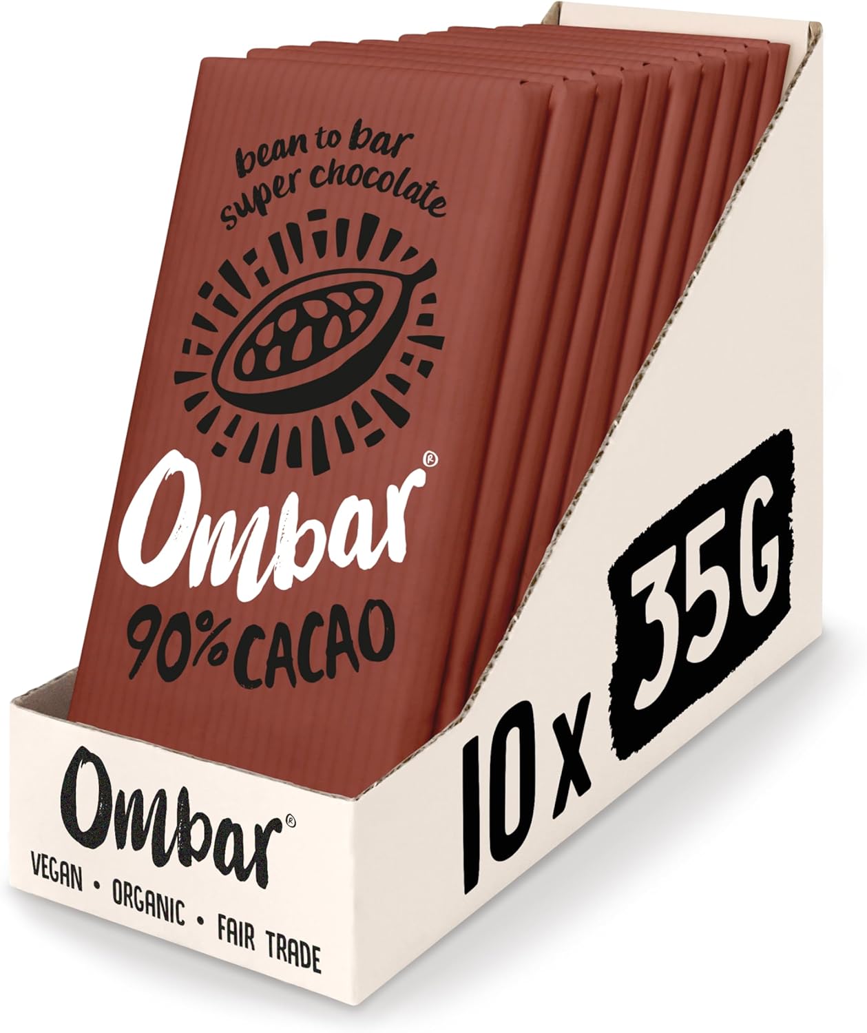 Vegan Chocolate - Ombar 90% Cacao Dark Chocolate (35G X 10 Bars) Organic, Fair Trade, Dairy Free And Gluten Free Chocolate