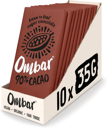 Vegan Chocolate - Ombar 90% Cacao Dark Chocolate (35G X 10 Bars) Organic, Fair Trade, Dairy Free And Gluten Free Chocolate