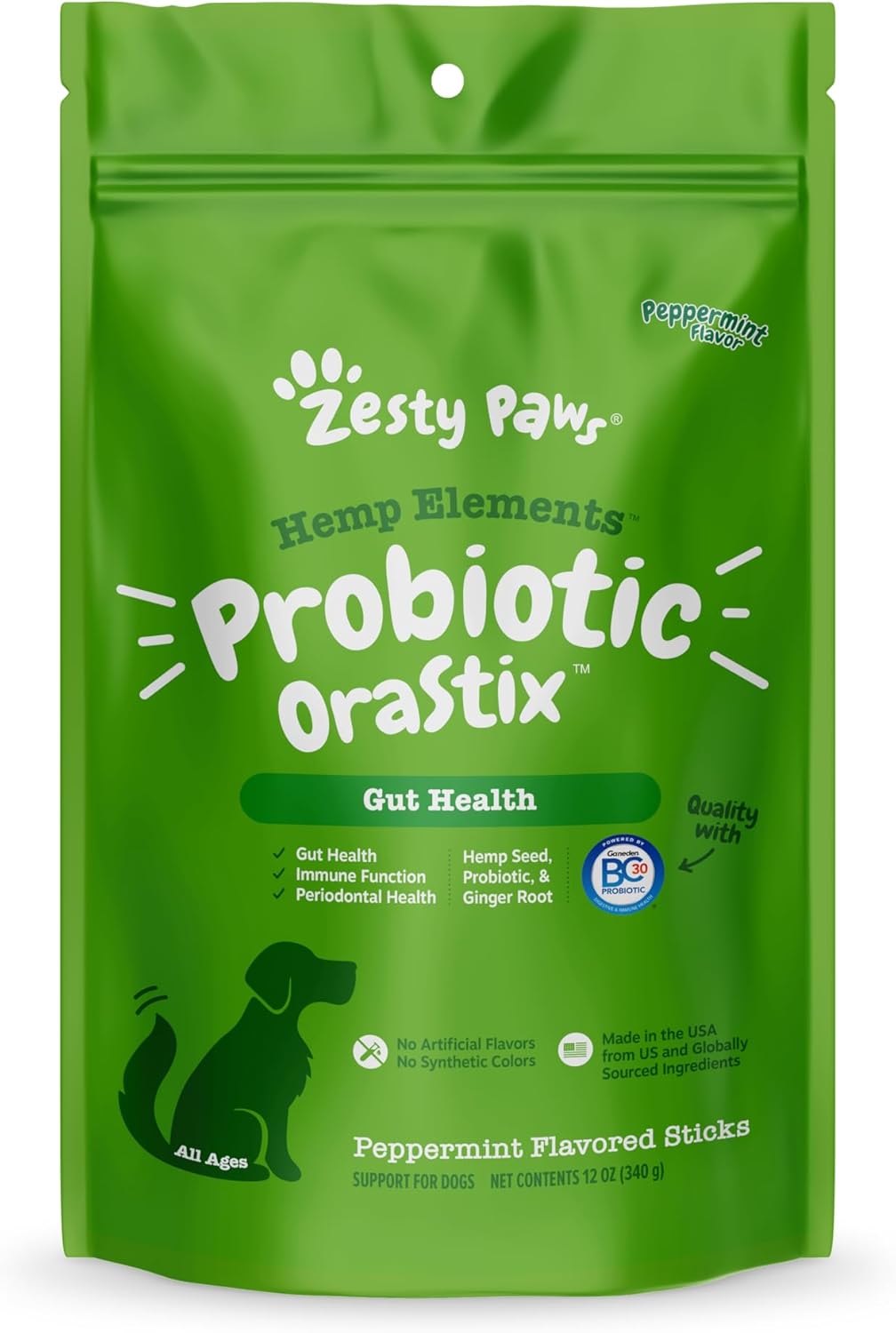 Zesty Paws Orastix For Dogs - Probiotic Sticks With Hemp Seed Curcumin Ginger Root Taurine - Supports Gut Function Flora Immune System Proprietary Healthy Teeth Gum Blend - 12Oz