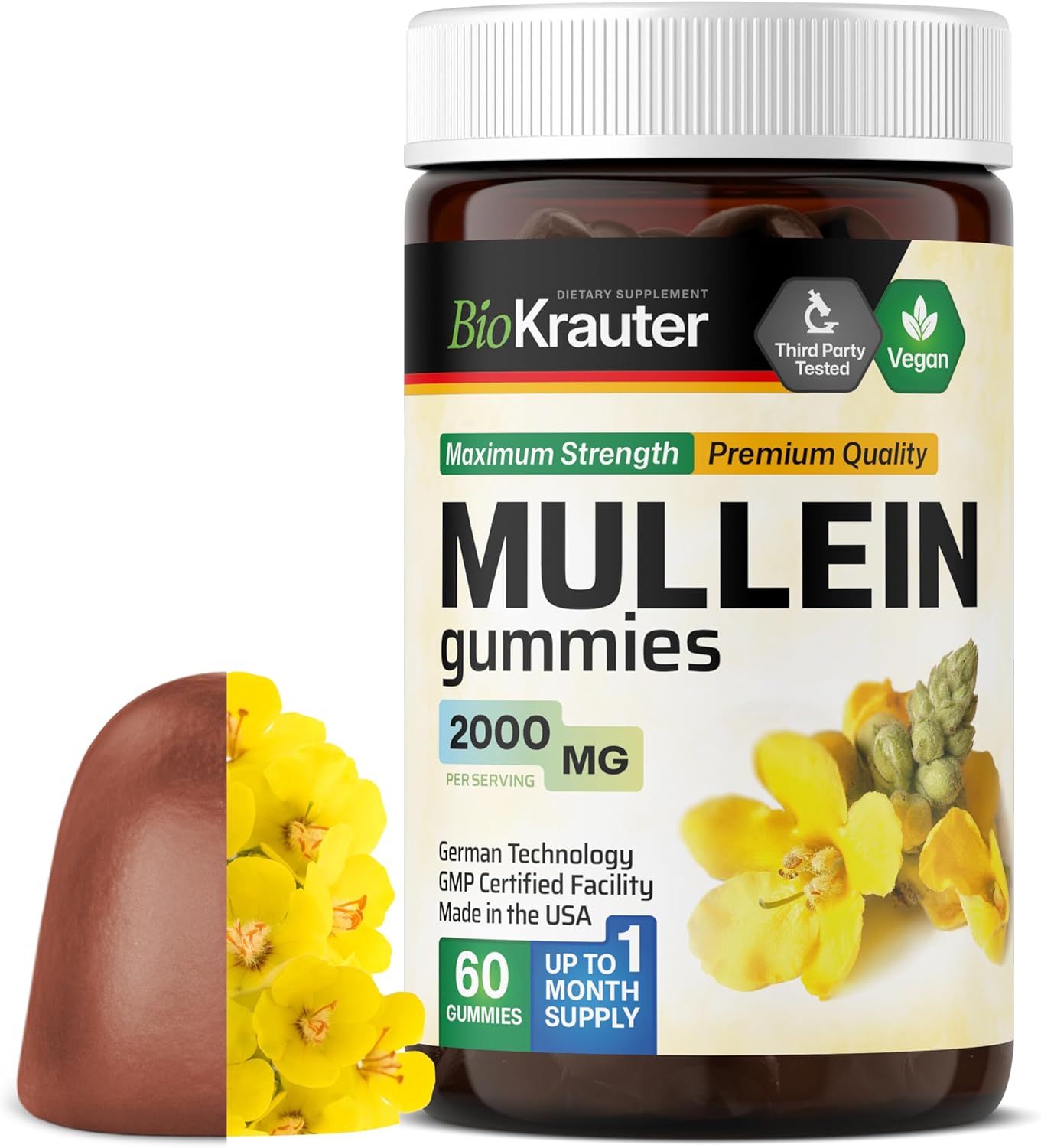 Bio Krauter Mullein Gummies For Lungs 2000 Mg - 60 Chews - Lung Detox Supplement - Mullein Leaf Gummies - Vegan, Gelatine-Free