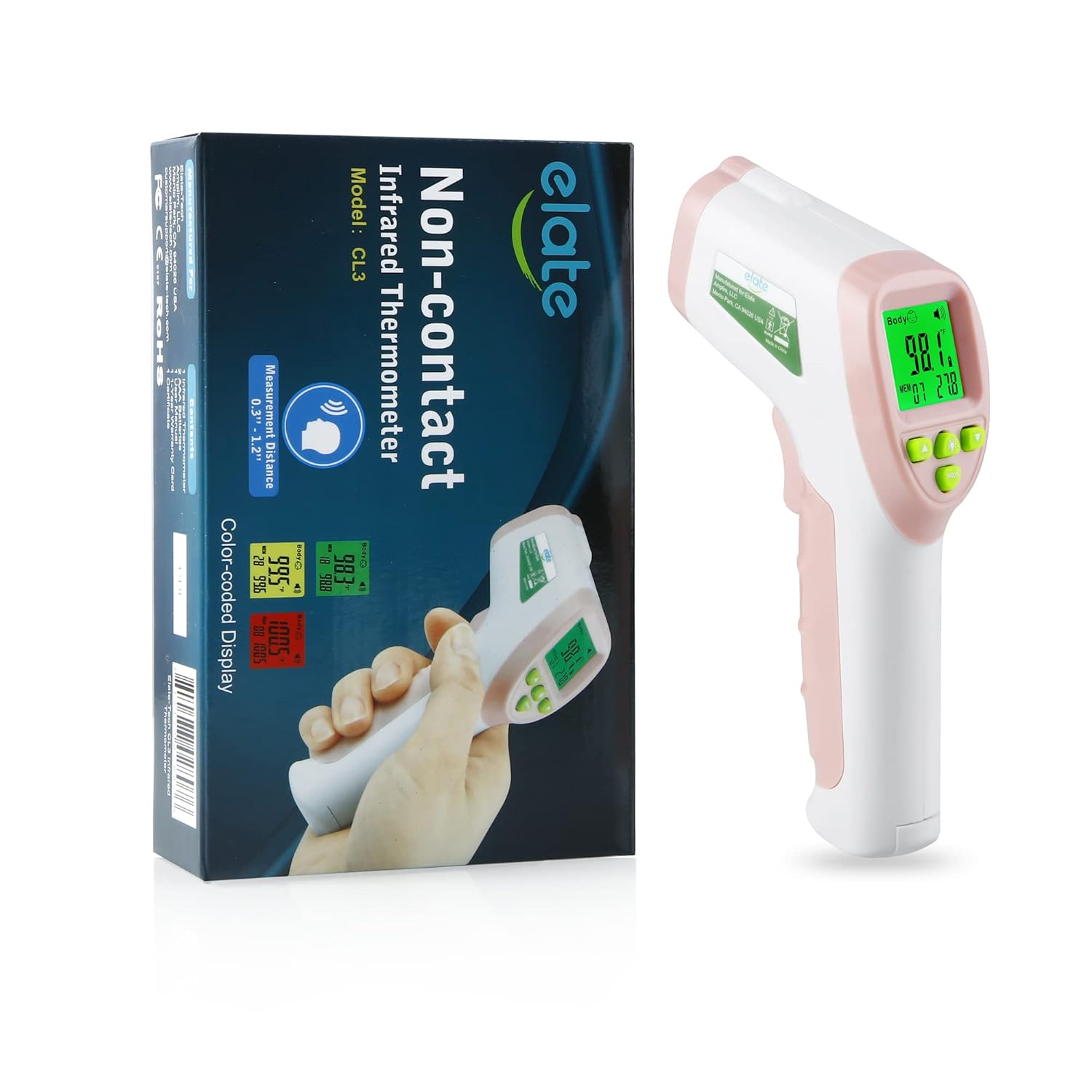 Elate No Touch Forehead Thermometer - Non-Contact Baby Temporal Thermometer - Medical Grade, Hygienic, Accurate, Instant Read Touchless Fever Thermometer for Adults and Kids - FSA HSA - Pink