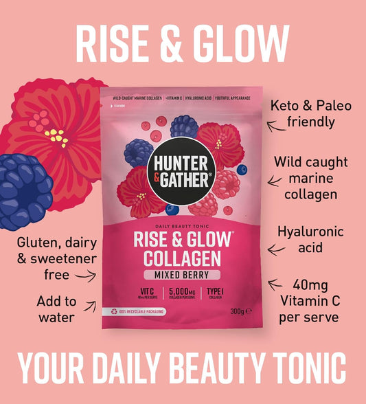 Hunter & Gather Rise & Glow Collagen Daily Beauty Tonic 300G - Mixed Berry - Wild Caught Marine Collagen - Real Food Ingredients With Hyaluronic Acid - Keto, No Added Sweeteners - Just Add Water