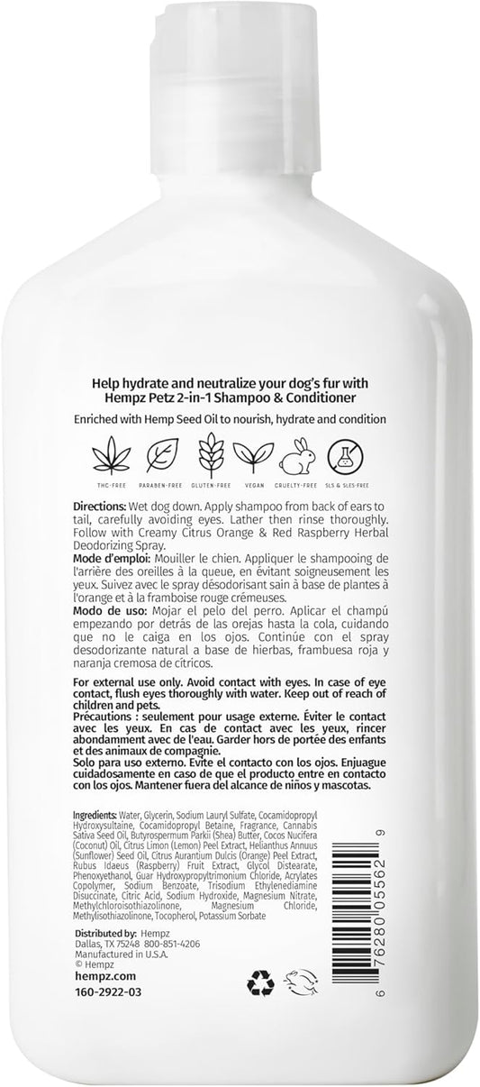 Hempz Petz, Dog Shampoo & Conditioner, Creamy Citrus Orange & Red Raspberry 2 In 1 Herbal Shampoo & Conditioner 17 Oz