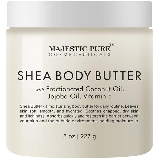 Majestic Pure Shea Body Butter - Intense Hydrating With Fractionated Coconut Oil, Jojoba, And Vitamin E - Moisturize For Dry, And Oily Skin - For All Skin Types - Skin Care For Men And Women - 8 Oz