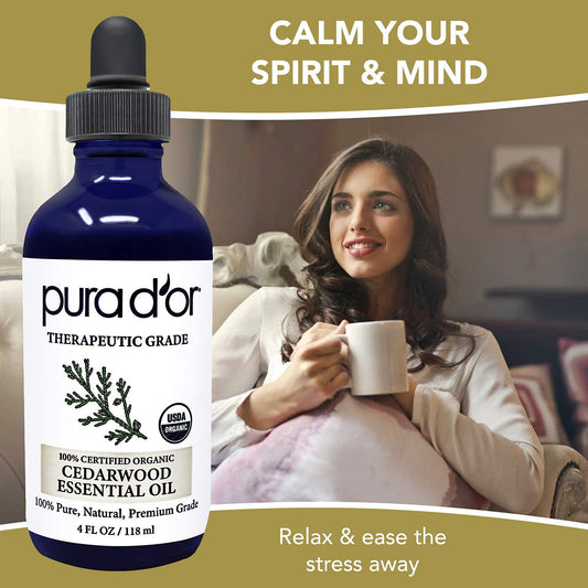 Pura D'Or Organic Cedarwood Essential Oil (4Oz With Glass Dropper) 100% Pure & Natural Therapeutic Grade For Hair, Body, Skin, Aromatherapy Diffuser, Relaxation, Massage, Odors, Home, Diy Soap
