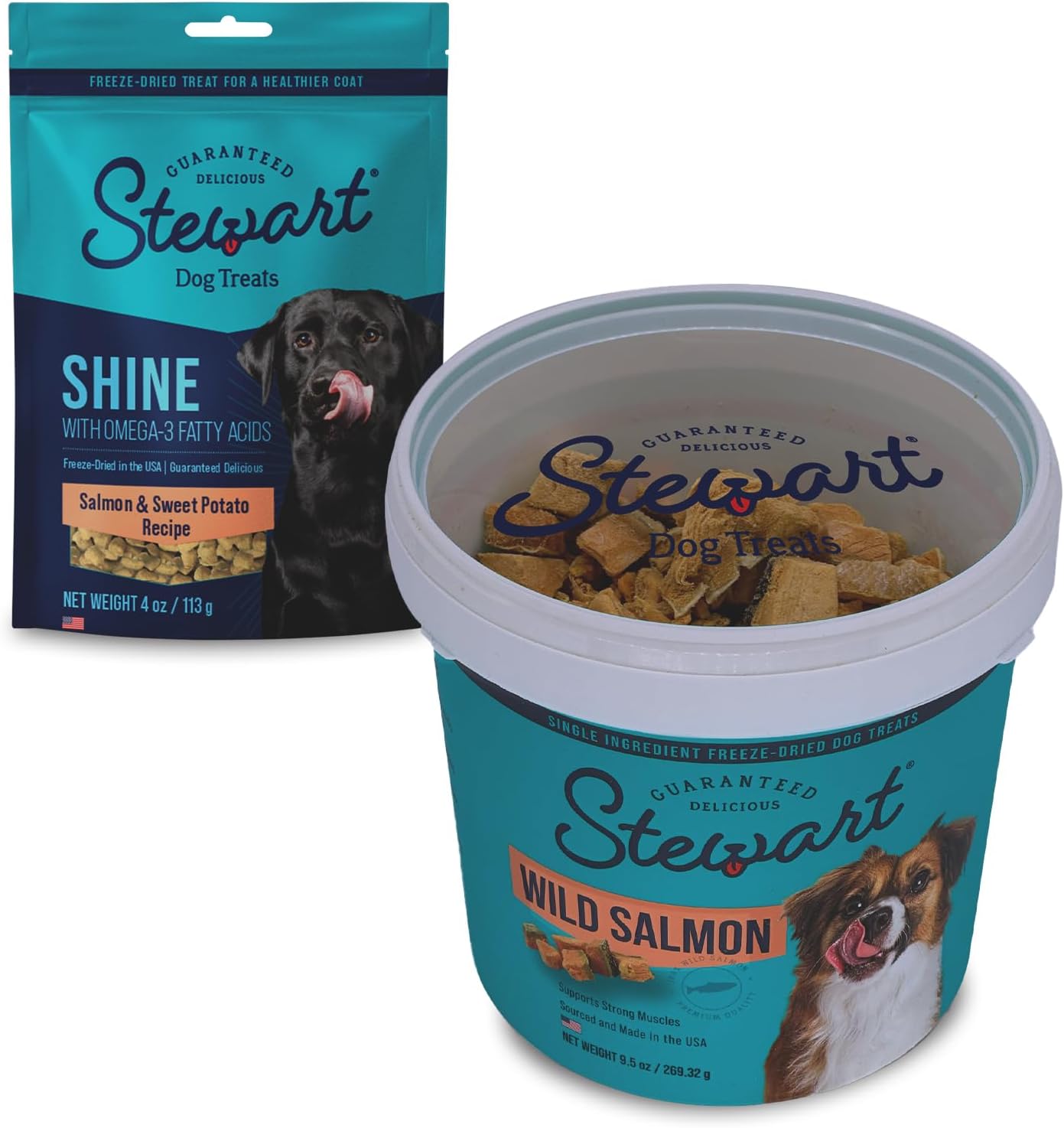 Stewart Freeze Dried Salmon Variety Dog Treats, Limited Ingredient, Grain Free & Gluten Free, Dog Training Treats; 9.5 Oz Wild Salmon Resealable Tub & 4 Oz Shine Salmon & Sweet Potato Resealable Pouch