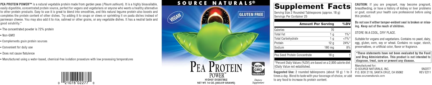 Source Naturals Pea Protein Power Plant-Based Protein Powder - Easy to Digest, Bioavailable, Non-Dairy, Vegan, Non-GMO, Gluten Free, Sugar Free, Unflavored* - 16oz : Health & Household