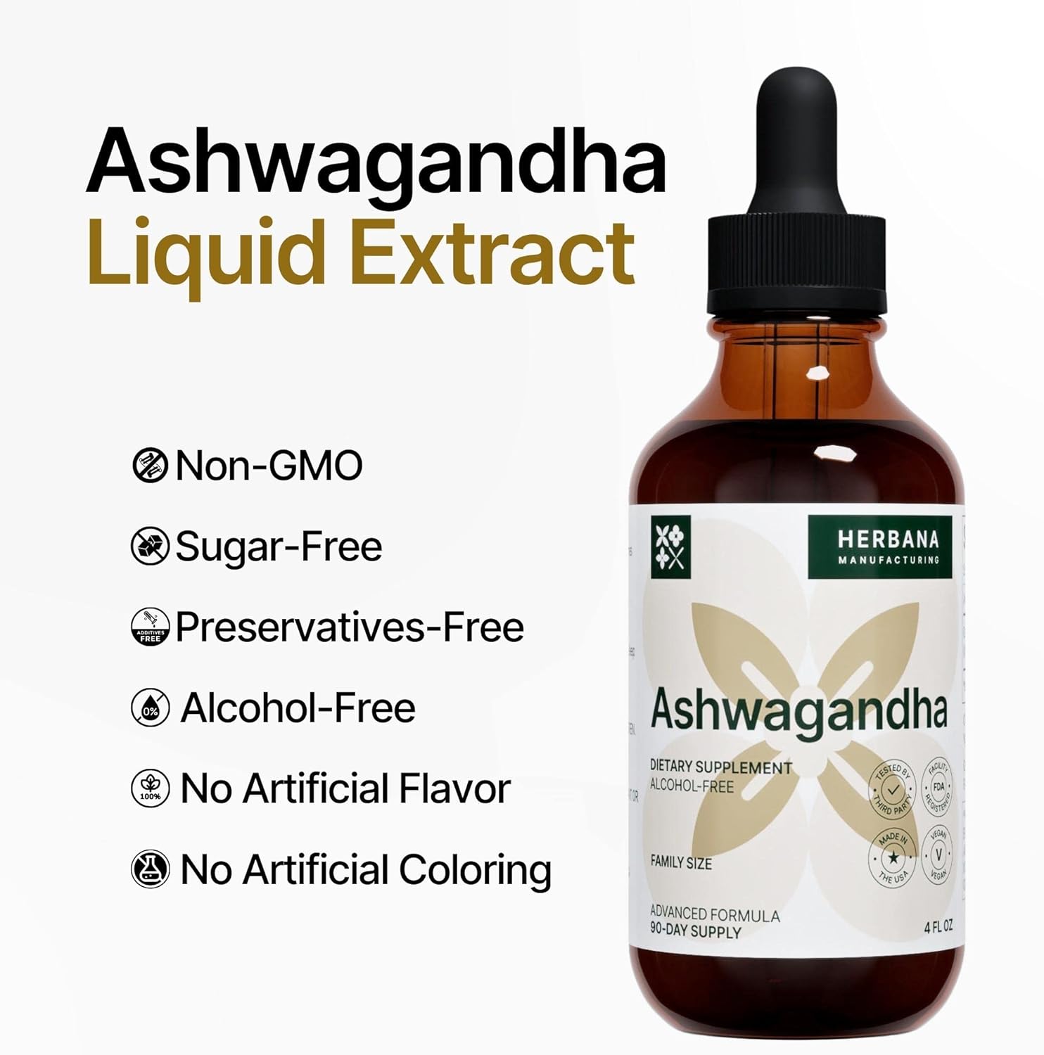 Ashwagandha 4 oz Liquid Extract - Herbal Supplement - Natural Stress Relief | Mood Booster | Sleep & Calming Support Tincture - Withania Somnifera Drops - High Potency - 90-Day Supply : Health & Household