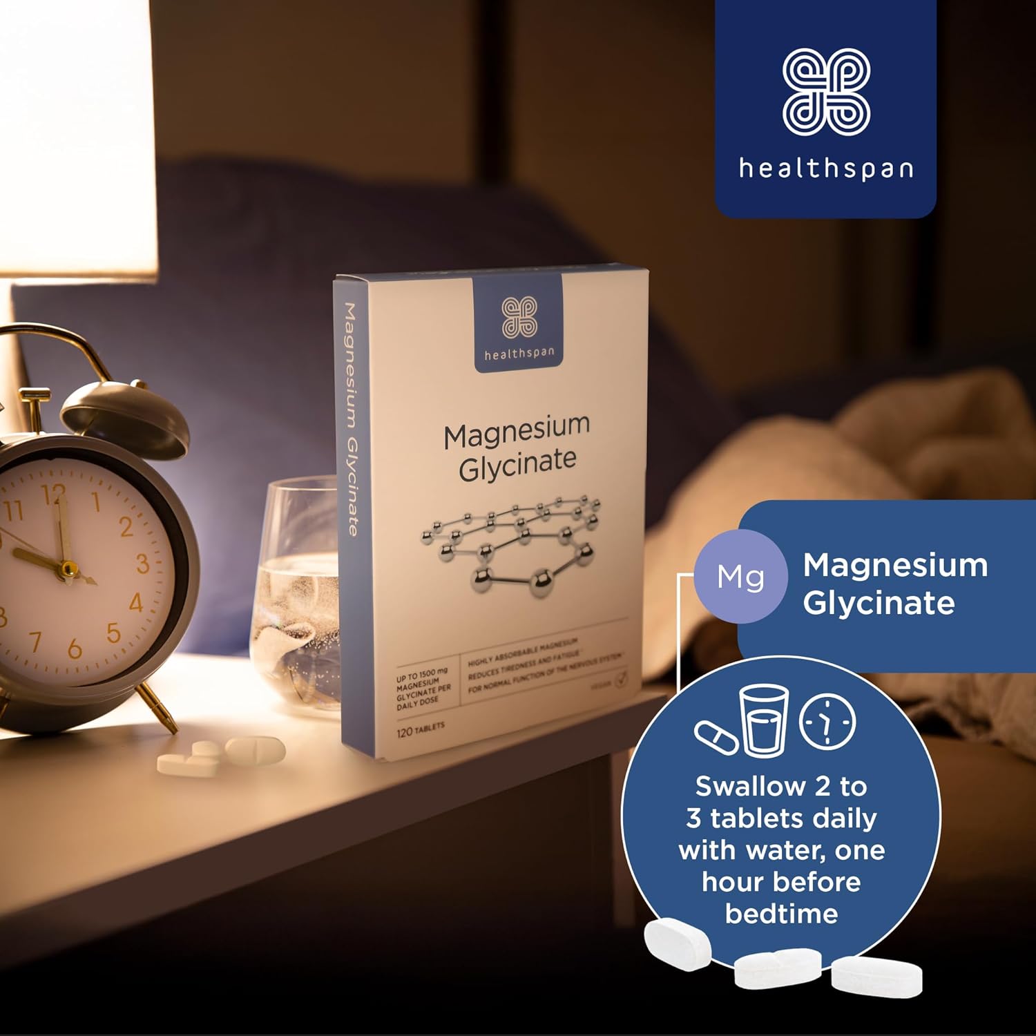 Healthspan Magnesium Glycinate 1500mg (120 Tablets) | Unwind at Bedtime | Reduces Tiredness & Fatigue | Maintains Normal Muscle & Psychological Function | Gentle on Your Stomach | Vegan : Amazon.co.uk: Health & Personal Care