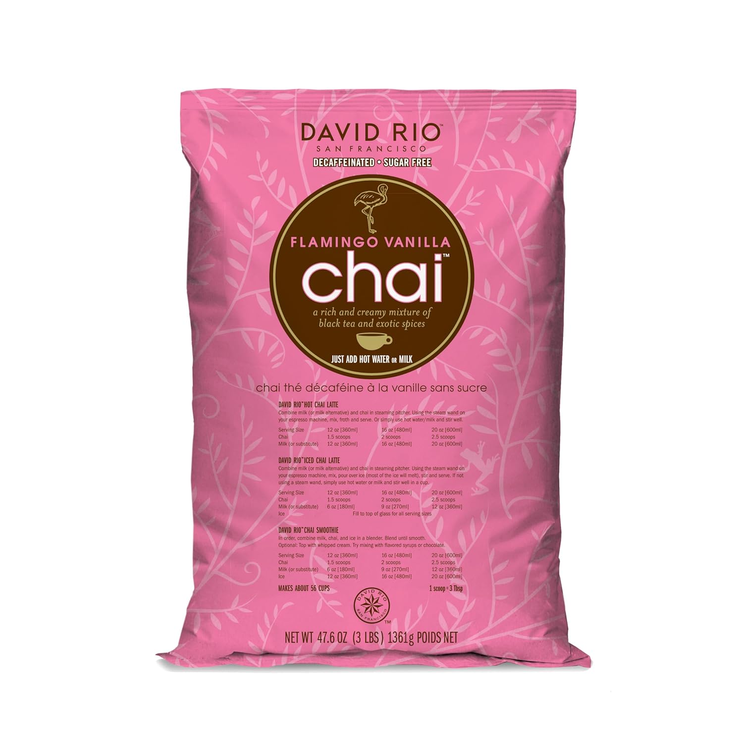 David Rio Chai Mix, Decaf Sugar Free, Flamingo Vanilla For Tea Or Latte, 48 Ounce (Pack Of 1)